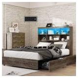 Wooden Storage Bed Frame with LED Bookcase Headboard