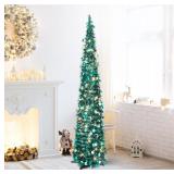 5FT Pop Up Tinsel Christmas Tree with Lights, Collapsible Pencil Xmas Trees with Round Sequins Reusable for Fireplace Home Office Indoor Holiday Party Decoration, Peacock Blue
