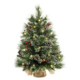 24\" Mini Christmas Trees with Flocked Pine Needles, Pine Cones, Berries Decoration, 2 Ft Decorated Burlap Trees with 25 Led Lights, Kitchen Tabletop Artificial Pre Lit Christmas Tree