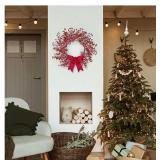 16 Inch Artificial Christmas Wreath Red Berry Wreath Handmade Winter Wreath with Bowknot Christmas Decoration for Front Door Home Indoor Outdoor Farmhouse Wall Window Xmas Holiday - Retail: $30