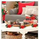 3 Pcs Christmas Candle Rings, Small Christmas Candle Wreath with Artificial Poinsettias Red Berries Mini Candle Wreaths Rings for Pillars Cabinets Table Centerpieces Windows Kitchen Decor