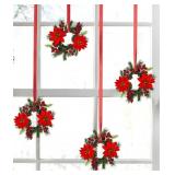 3 Pcs Christmas Candle Rings, Small Christmas Candle Wreath with Artificial Poinsettias Red Berries Mini Candle Wreaths Rings for Pillars Cabinets Table Centerpieces Windows Kitchen Decor