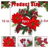 3 Pcs Christmas Candle Rings, Small Christmas Candle Wreath with Artificial Poinsettias Red Berries Mini Candle Wreaths Rings for Pillars Cabinets Table Centerpieces Windows Kitchen Decor