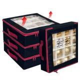 Christmas Ornaments Storage Box with Dividers - 4 Pcs Collapsible Xmas Decorations Ball Organizer with 2 Handles, Lids and Stackable for Holiday (Black)