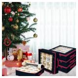 Christmas Ornaments Storage Box with Dividers - 4 Pcs Collapsible Xmas Decorations Ball Organizer with 2 Handles, Lids and Stackable for Holiday (Black)