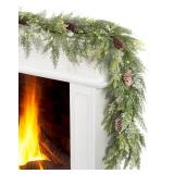 6FT Christmas Garland with a 50 LED String Light (Not pre Installed), Cedar Garlands with Snowy Leaves and Pine Cone, Decorations for Mantel Stairs Table Runner Indoor Winter Decor