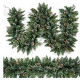 Christmas Garland PreLit 9 Ft Battery Operated with 50 Lights, Pine Cone and Snow Style Xmas Garland, Christmas Decor Indoor Outdoor