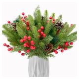 68 Pcs Christmas Artificial Pine Branch, 12 Inch Cedar Sprigs Stems with Pinecones Red Berry Needles Picks Christmas Fake Greenery for Garland Wreath DIY Holiday Decoration - Retail: $18
