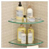 KES Glass Corner Shelf for Bathroom Corner Shelf 2 Pack Tempered Glass Shelf with Rail SUS 304 Stainless Steel Wall Mounted Brushed Finish, BGS2101A-2-P2 - Retail: $39