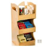 Tea Bag Organizer Bamboo Coffee Condiment and Accessories Storage Holder, 3 Tier Teabag Shelf Coffee Pod Organizer Caddy Storage Box, Vertical Tea Packet Rack for Home, Office, Cafe - Retail: $20