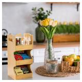 Tea Bag Organizer Bamboo Coffee Condiment and Accessories Storage Holder, 3 Tier Teabag Shelf Coffee Pod Organizer Caddy Storage Box, Vertical Tea Packet Rack for Home, Office, Cafe - Retail: $20