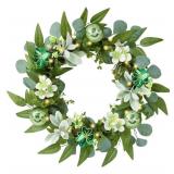 Valery Madelyn Collapsible Spring Wreath for Front Door with Lights, Green Eucalyptus Wreath with White Floral Silk Lamb Ears Leaves and Ornaments for Springtime Holiday Wall Porch Easter Party-24