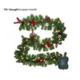 9FT Christmas Garland with 50LED Lights, Battery Operated PreLit Garland Christmas Decorations Timer 8 Mode, Artificial Outdoor Christmas Garland Greenery Pinecone for Indoor Door Decor