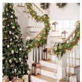 9FT Christmas Garland with 50LED Lights, Battery Operated PreLit Garland Christmas Decorations Timer 8 Mode, Artificial Outdoor Christmas Garland Greenery Pinecone for Indoor Door Decor