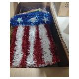 American Flag Tinsel Decoration and Holiday Music CDs box of miscellaneous