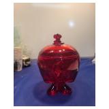 Red Glass Footed Candy Dish with Lid