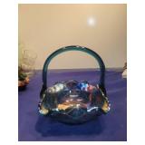 Blue Glass Basket with Iridescent Crystal Pattern