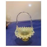 Vaseline Glass Hobnail Flower Basket