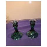 Green Glass Candlestick Holders - Set of 2