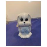 White and Blue Ceramic Puppy bank Figurine