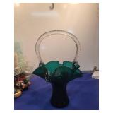 Emerald Green Glass Basket with Twisted Handle