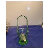 Green Glass Basket with Twisted Handles