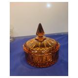 Amber Glass Diamond Pattern Candy Dish with Lid
