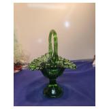 Green Glass Basket with Ruffled Edge