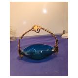 Blue Glass Bowl with Twisted Metal Handle