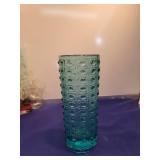 Blue Glass Cylinder Vase with Geometric Pattern