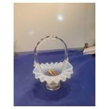 Opalescent Glass Basket with Hobnail Pattern