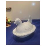White Milk Glass Hen on Nest Dish