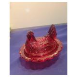 Red Glass Hen Candy Dish
