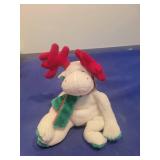 White Plush Reindeer with Red Antlers and Green Scarf
