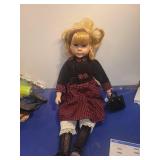 Porcelain Doll in Red and Black Checkered Dress