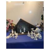 White Porcelain Nativity Set with Wooden Stable