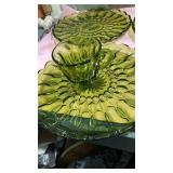 Green Glass Snack Set with Floral Pattern