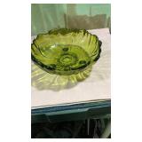 Green Glass Scalloped Serving Bowl