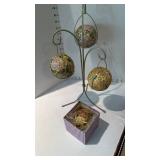 Metal tree with 4 cloisonne eggs or round Christmas ornaments