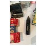 Vintage razor with blades, decorative basket and more