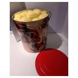 Large Christmas tin full of yellow and white yarn