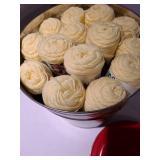 Large Christmas tin full of yellow and white yarn