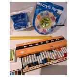 Assorted art supplies.
