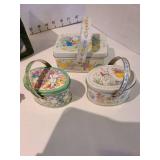 Miniature tea sets, 2 new in boxes, plus small Easter tins