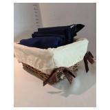 Navy blue fabric and a Cherry Orchard banner in a lined basket