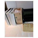 Vintage brass desk calendar holder, notebook paper, stacking desk trays, binders