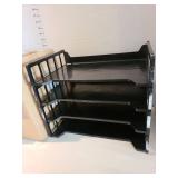 Vintage brass desk calendar holder, notebook paper, stacking desk trays, binders