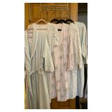 Ladies flannel robe and 4 flannel nightgowns, on velveteen hangers