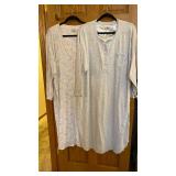 Ladies flannel robe and 4 flannel nightgowns, on velveteen hangers