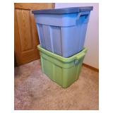 Two Rubbermaid Rougbluehneck totes, 18 qt, blue and light green